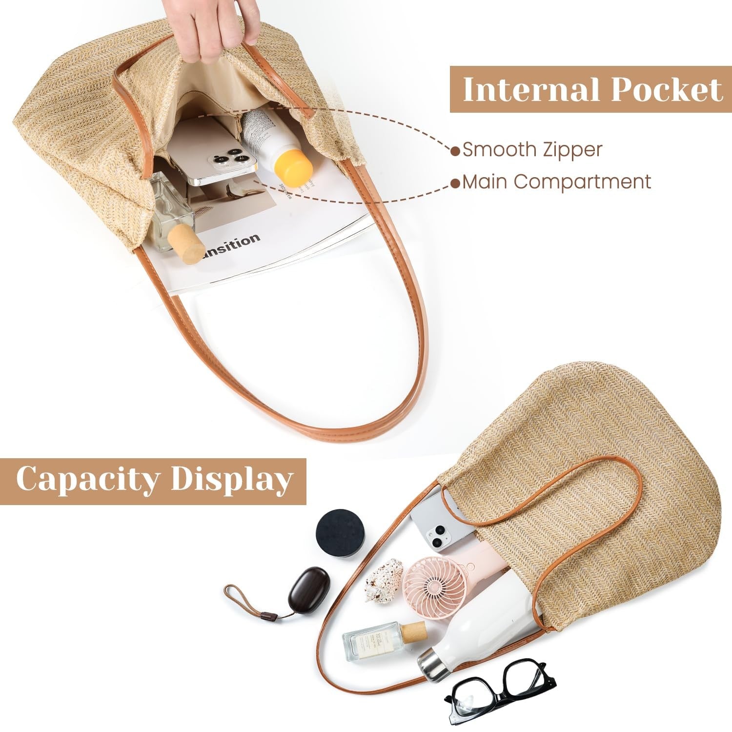 Versatile Khaki Straw Purse, Lightweight Beach Tote Bag for Women