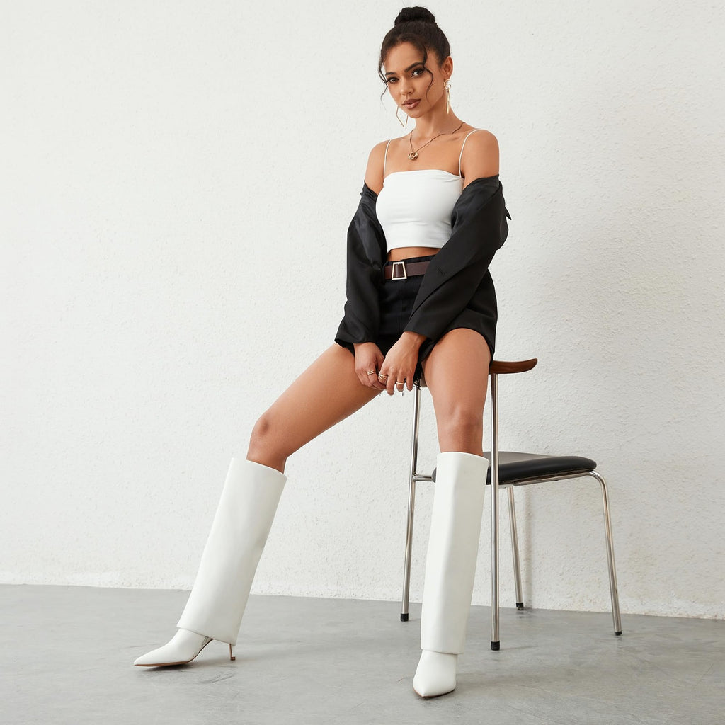 Women's White Fold Over Knee High Boots, Stiletto Heel, Size 8