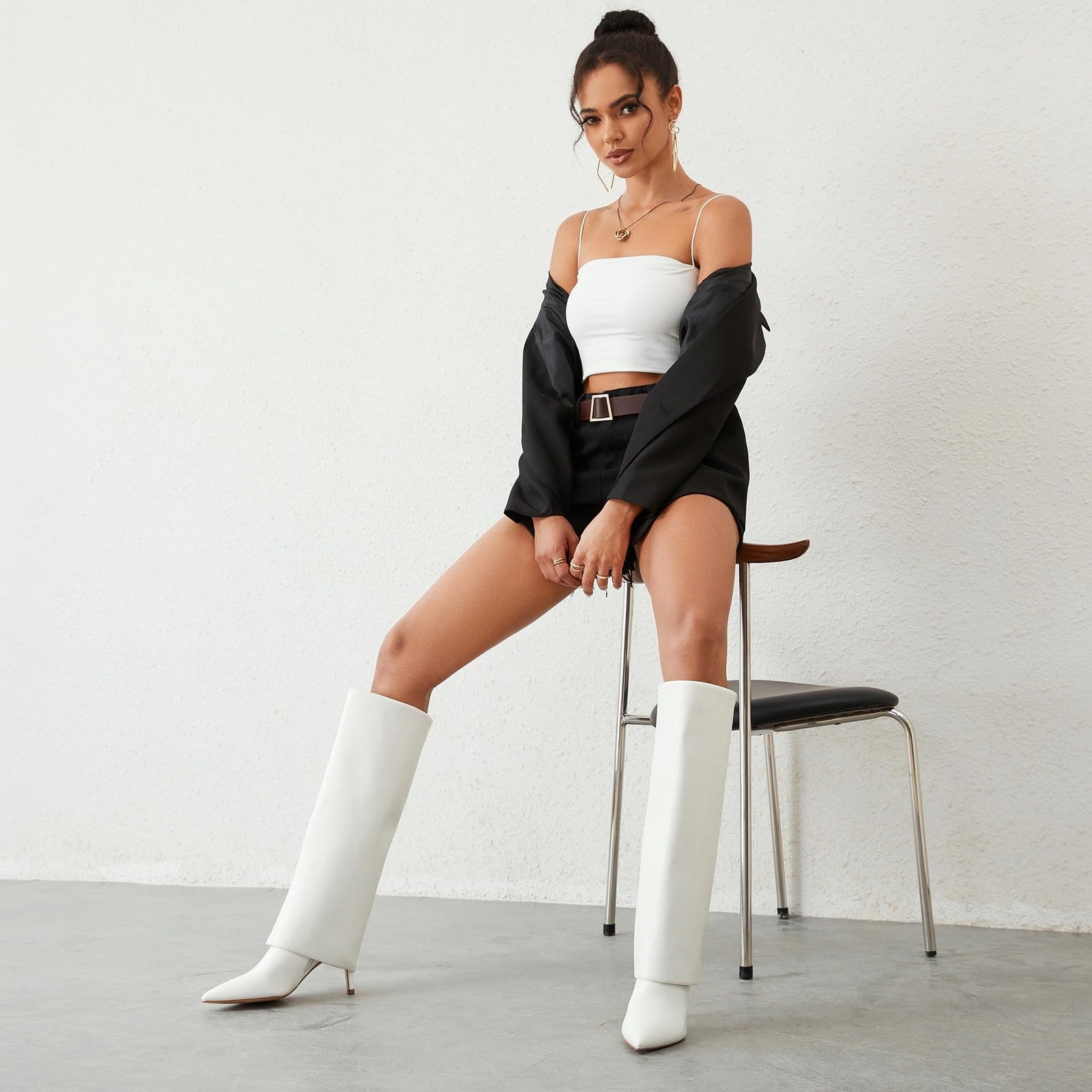 Women's White Fold Over Knee High Boots, Stiletto Heel, Size 8