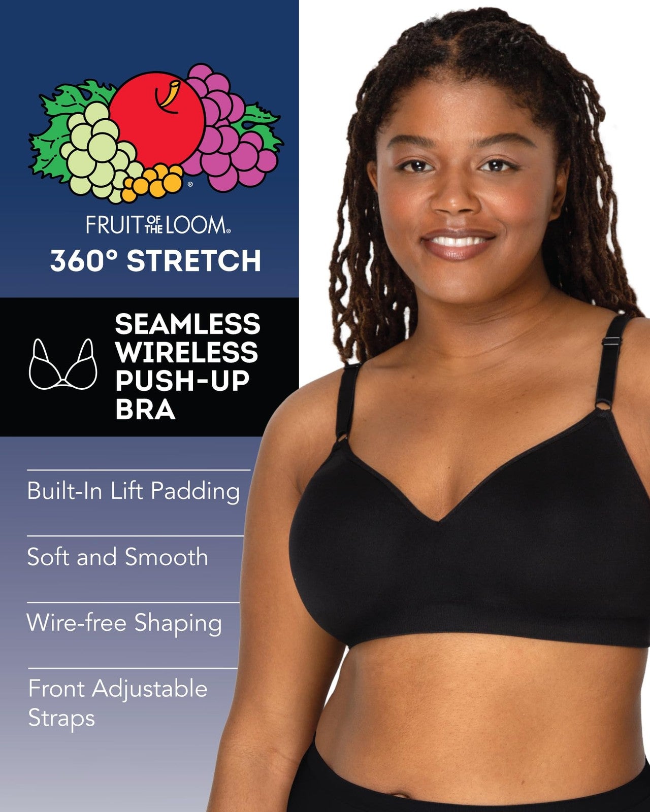 Fruit of the Loom 34C Seamless Wire-Free Push-Up Bra 2-Pack Black/White