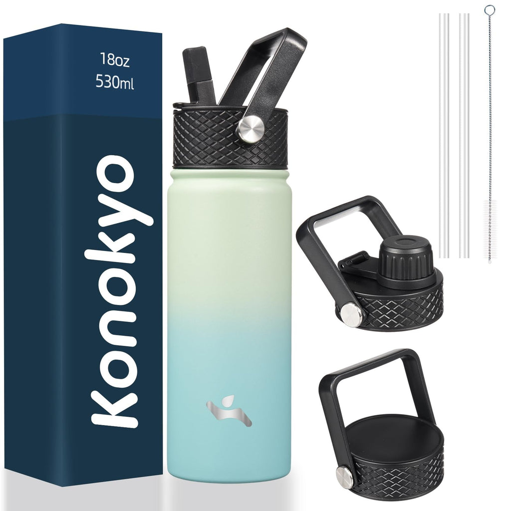 Konokyo 18 Oz Stainless Steel Insulated Bottle Mint Color w/ 3 Lids