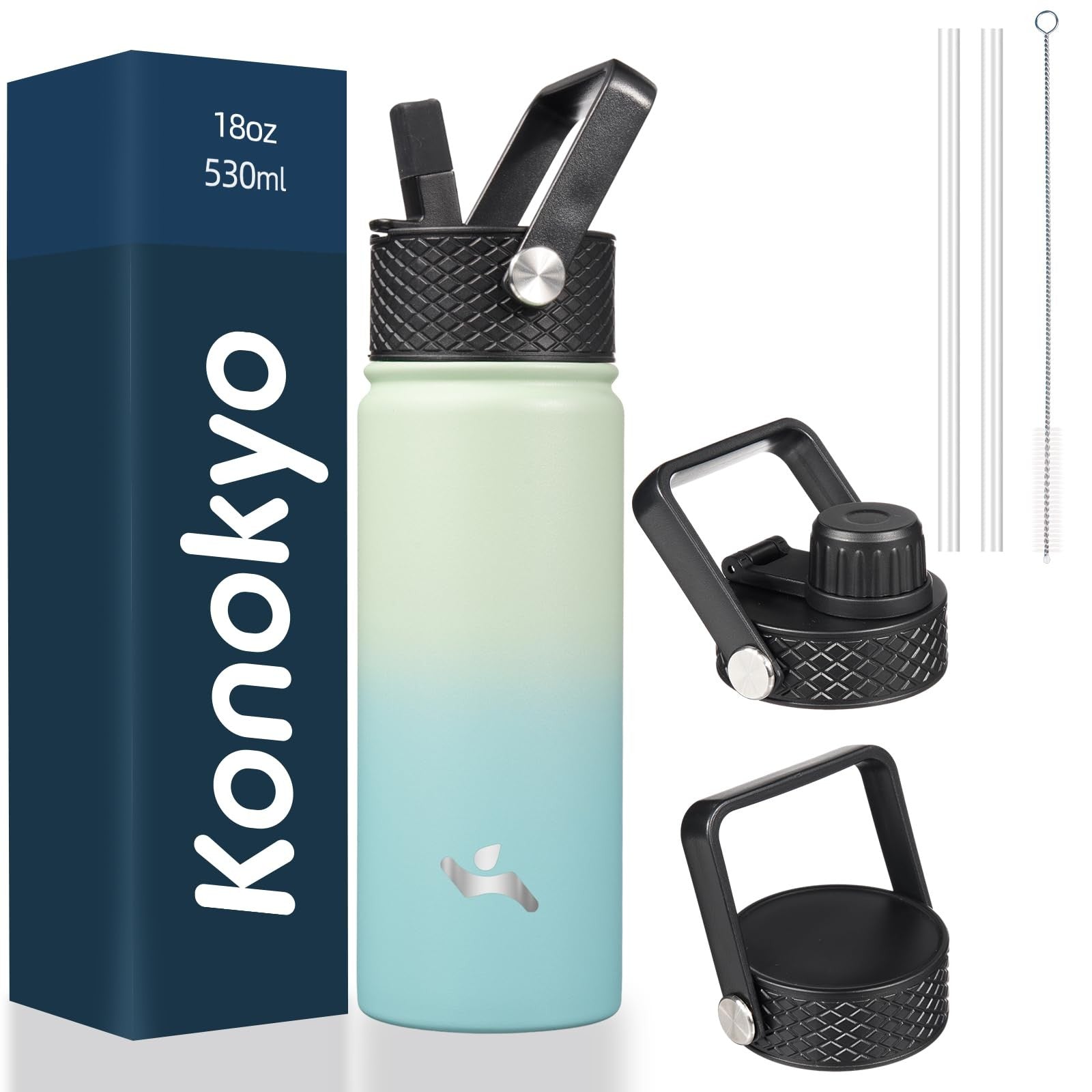 Konokyo 18 Oz Stainless Steel Insulated Bottle Mint Color w/ 3 Lids