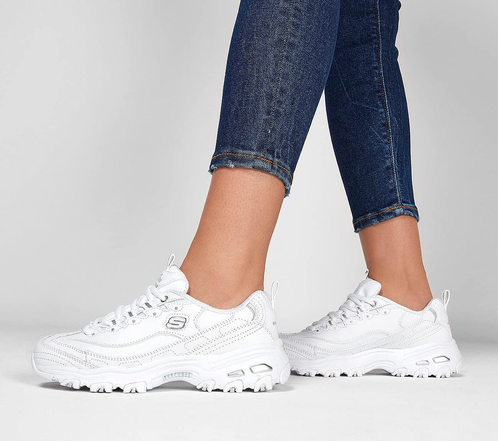 Skechers Sport Women's D'Lites Memory Foam Lace-up Sneaker,White Silver,8 W US