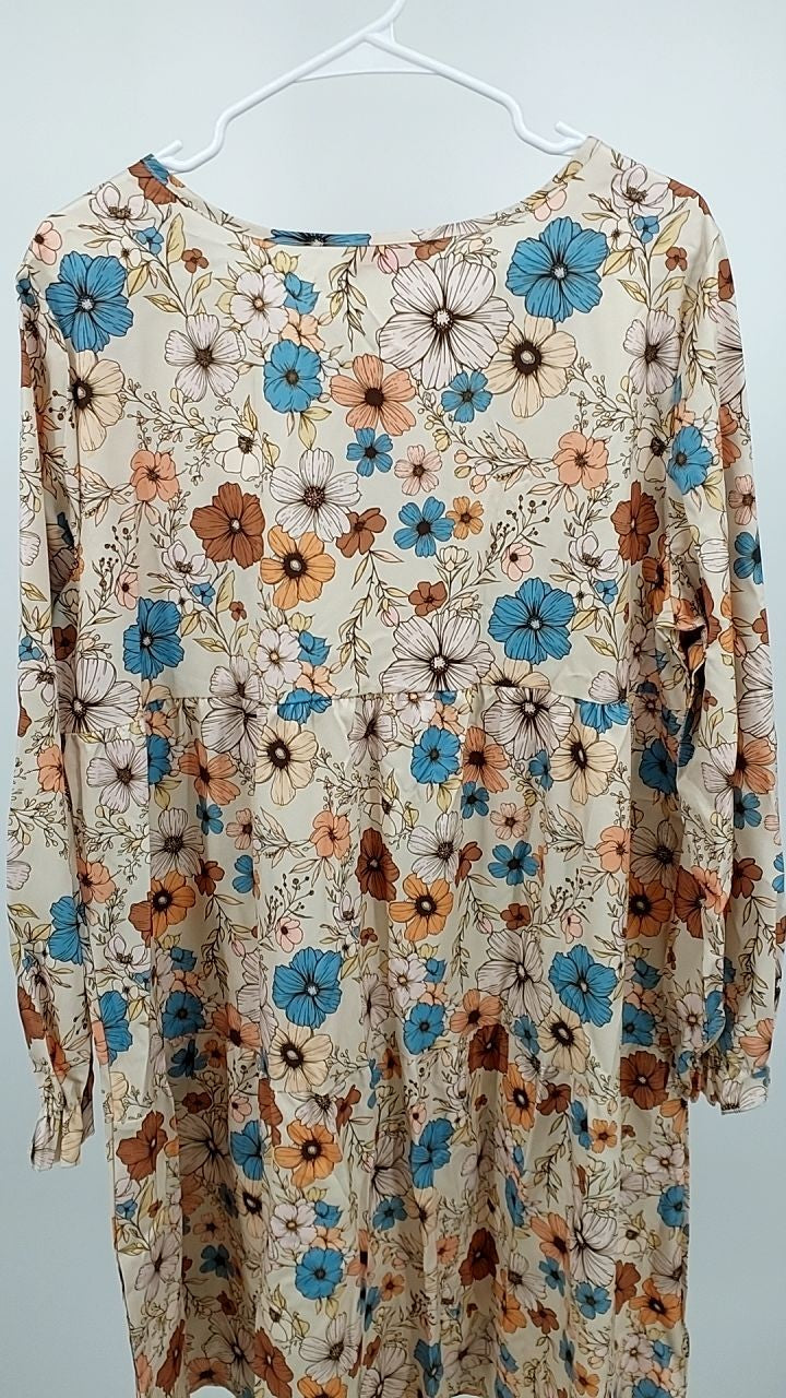 Tiered Floral Round Neck Long Sleeve Dress