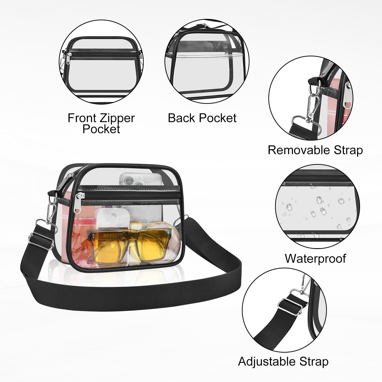 Transparent Crossbody Bag for Concerts & Sports, Medium Size, Black