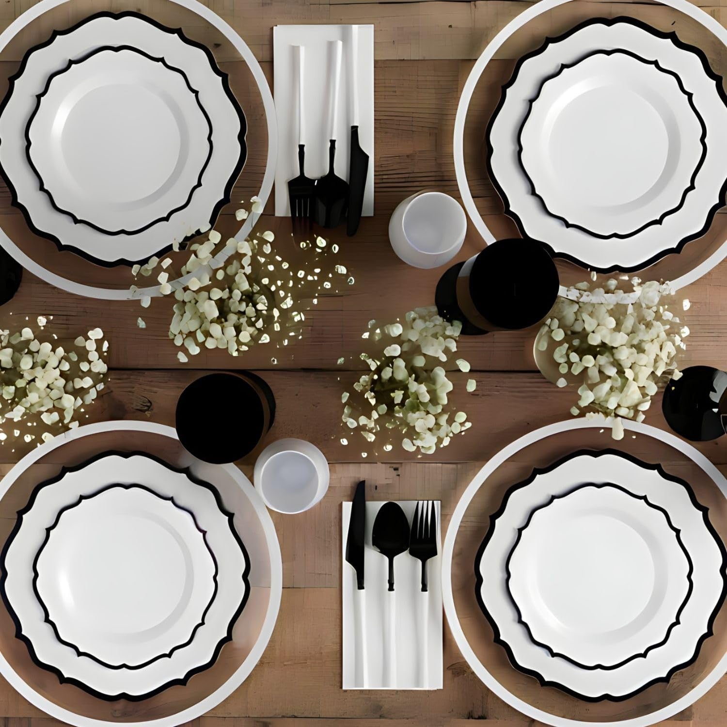 Elegant 32 White Plates w/ Black Rim - 7.5" & 10.5" - Durable Ceramic