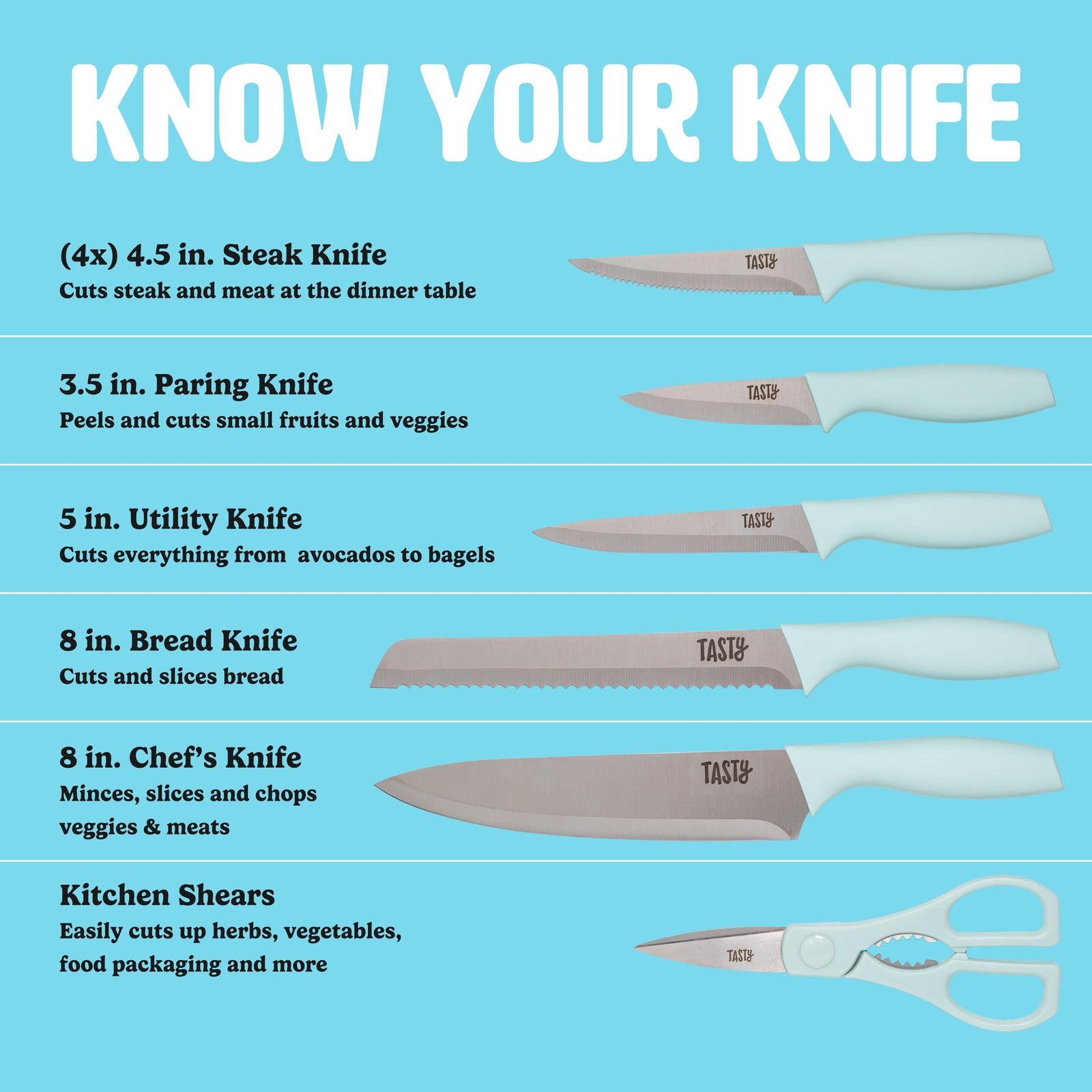 10-Piece Aqua Knife Block Set: Chef, Bread, Utility, Paring, Steak Knives