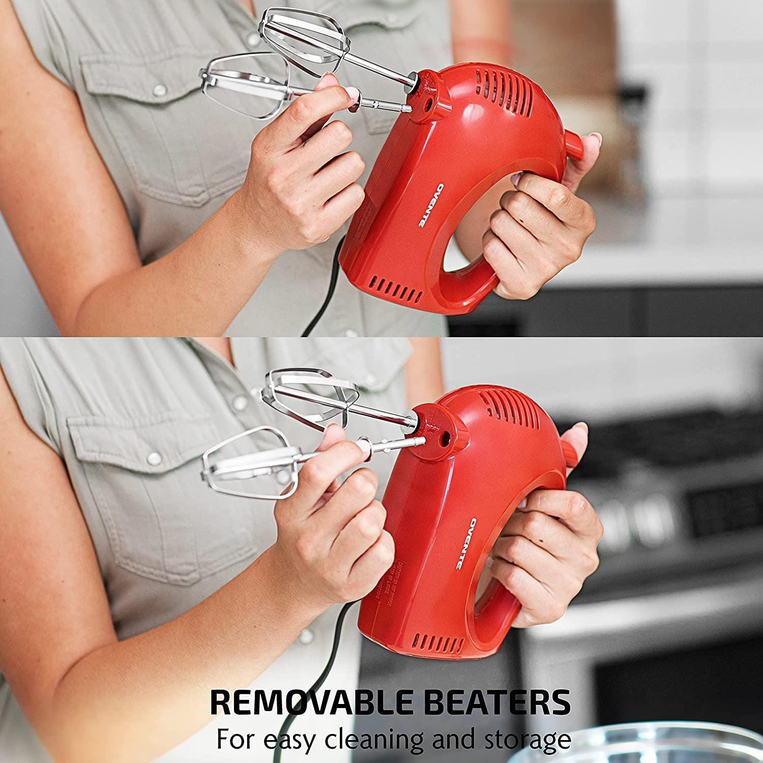 OVENTE Red Hand Mixer HM151R, 150W, 5-Speed w/ Stainless Steel Whisks