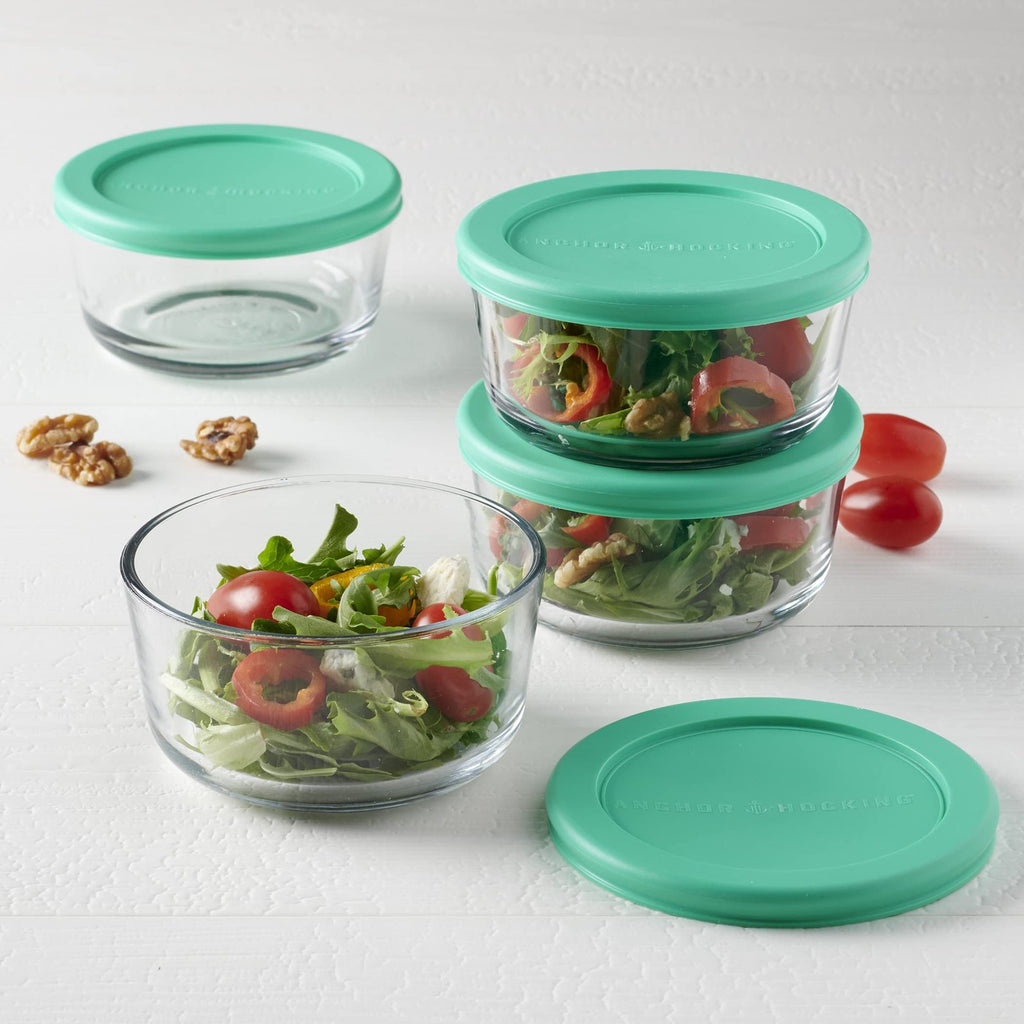 Set of 4 2 Cup Glass Containers w/ Mint Lids for Food Storage