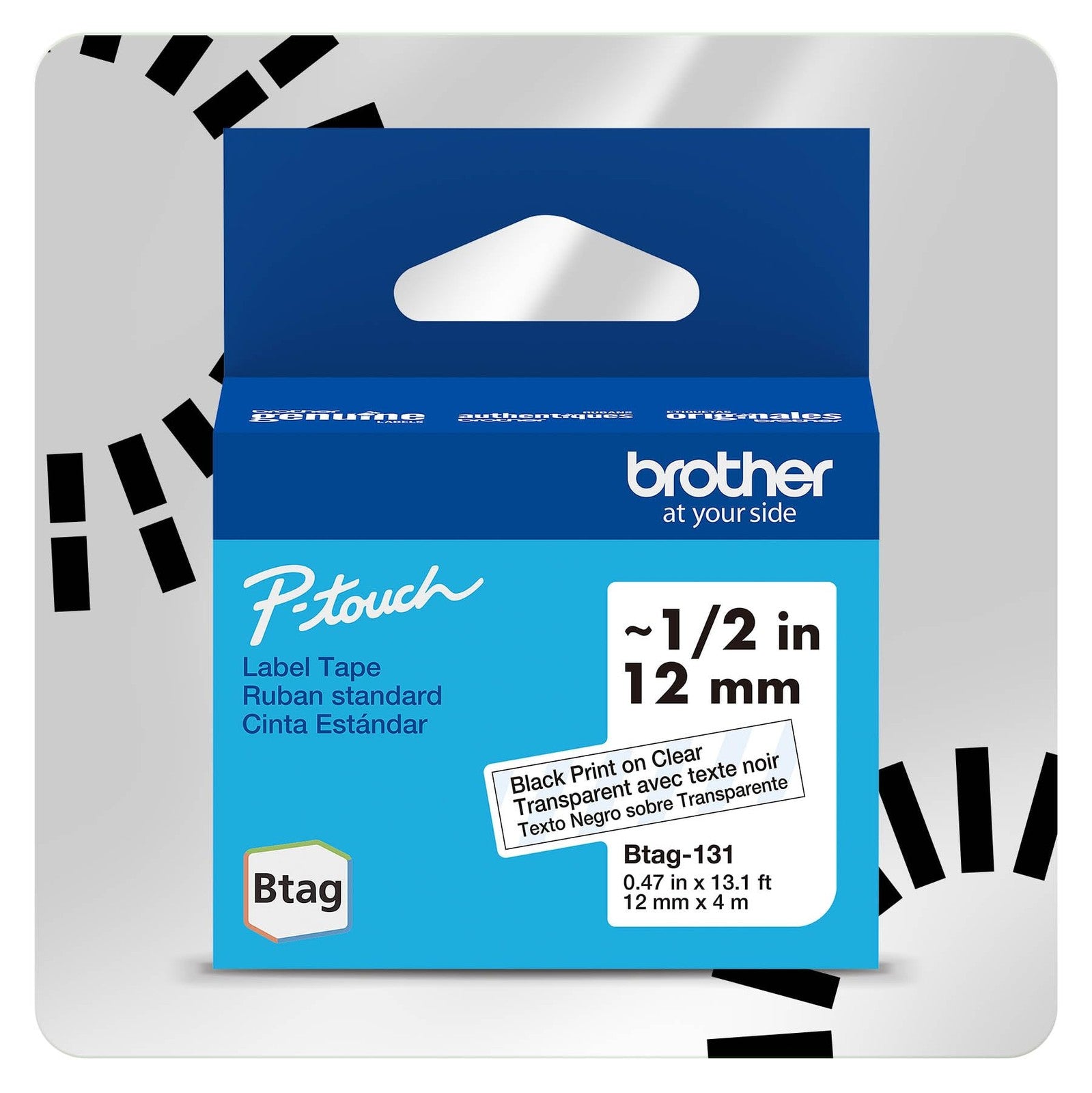 Brother P-Touch Btag131 Label Tape 1/2in x 13.1ft Black on Clear