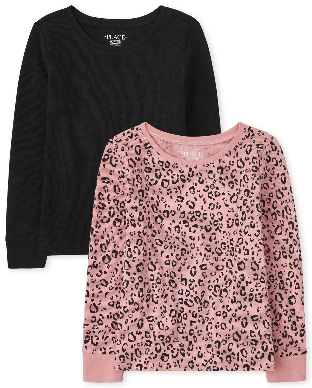 Girls X-Small Thermal Top Set, Solid & Leopard Print, Sachet Pink