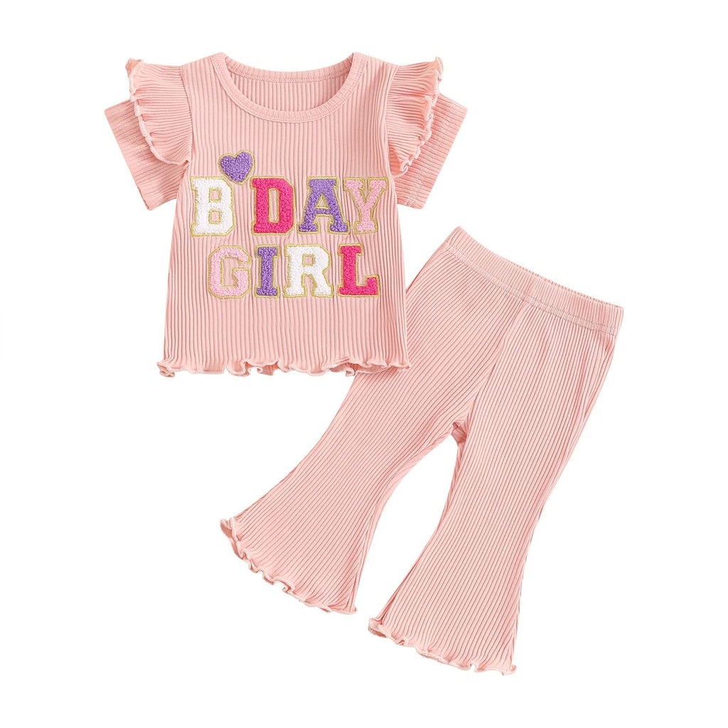 Cute Toddler Birthday Outfit Pink Ruffle Top & Flare Pants Set 4-5 Years