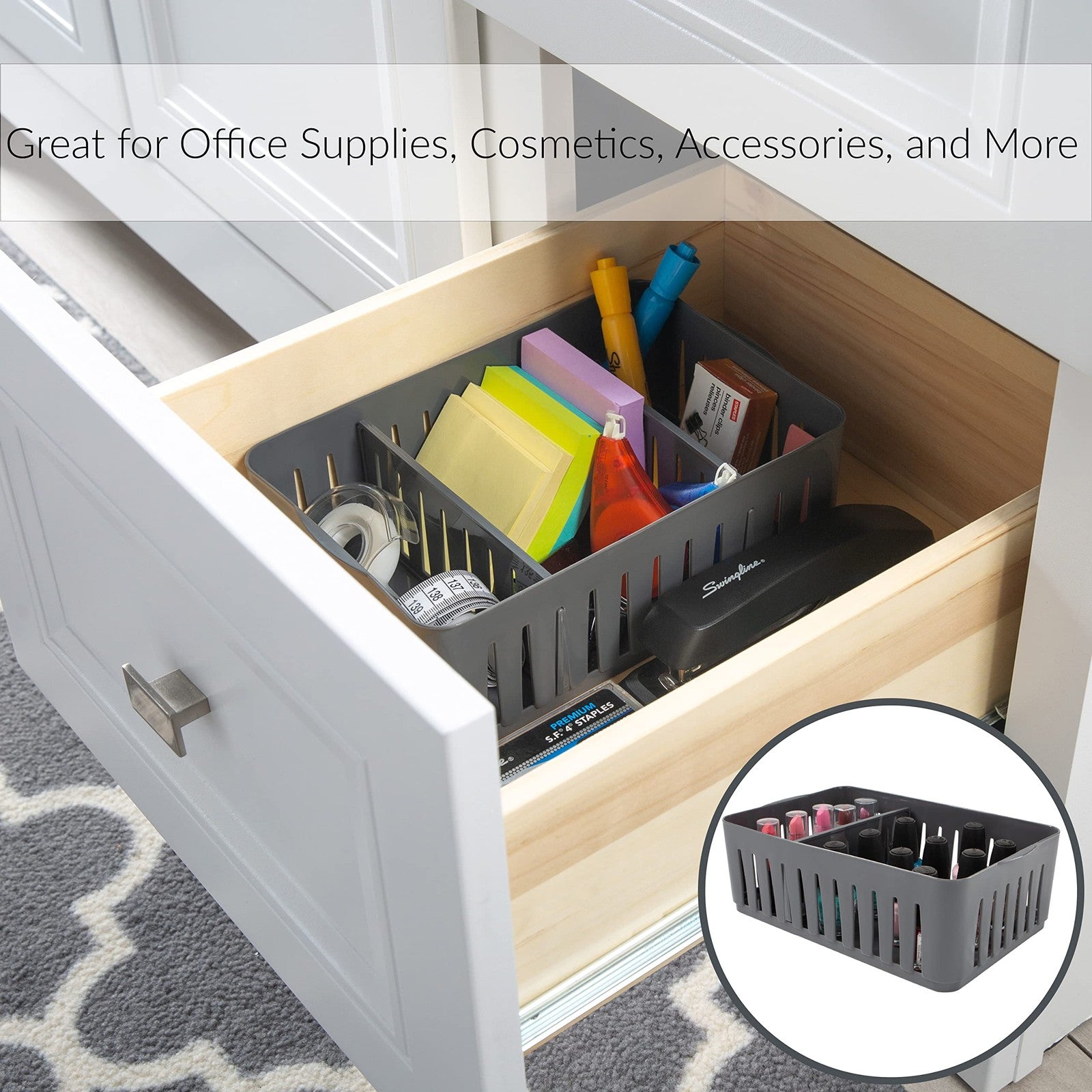 3 Compartment Storage Bins - Stackable Drawer Organizer - Grey