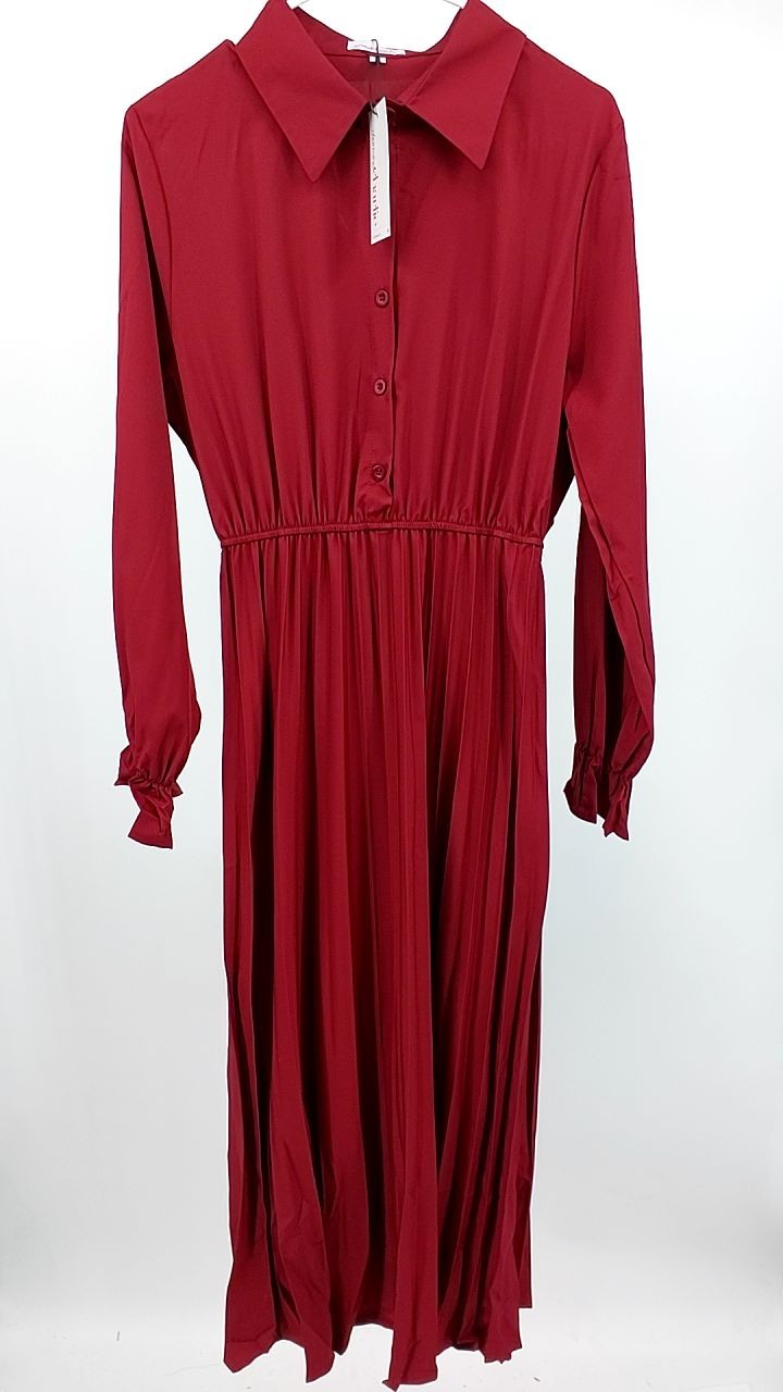 Pleated Half Button Long Sleeve Midi Dress