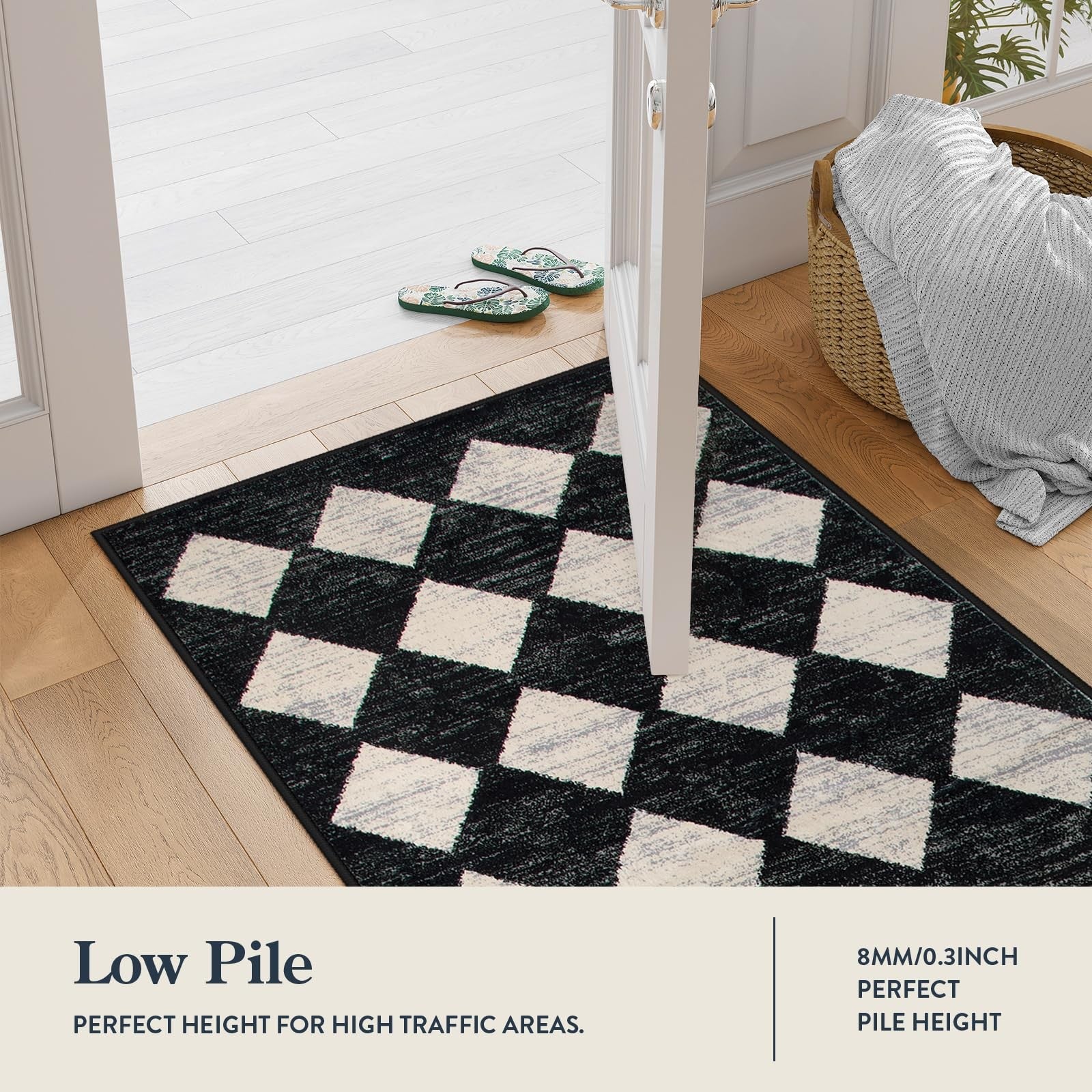 Washable 2x7 Runner Rug, Black & White Trellis, Soft & Stain Resistant