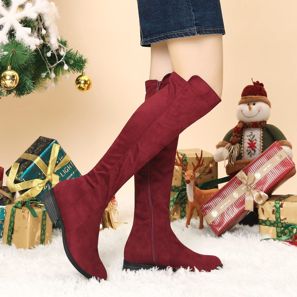 Allegra K Women's Side Zipper Chunky Heels Burgundy Knee High Boots 8 M US