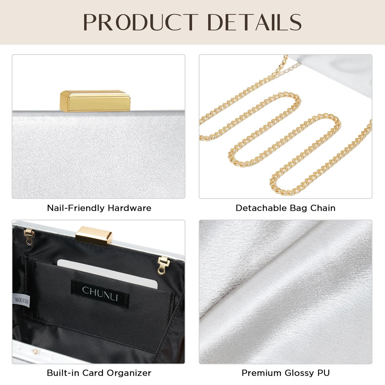 CHUNLI Evening Clutch Bag Silver PU Leather w/ Chain Strap, 7.67x4.33 in