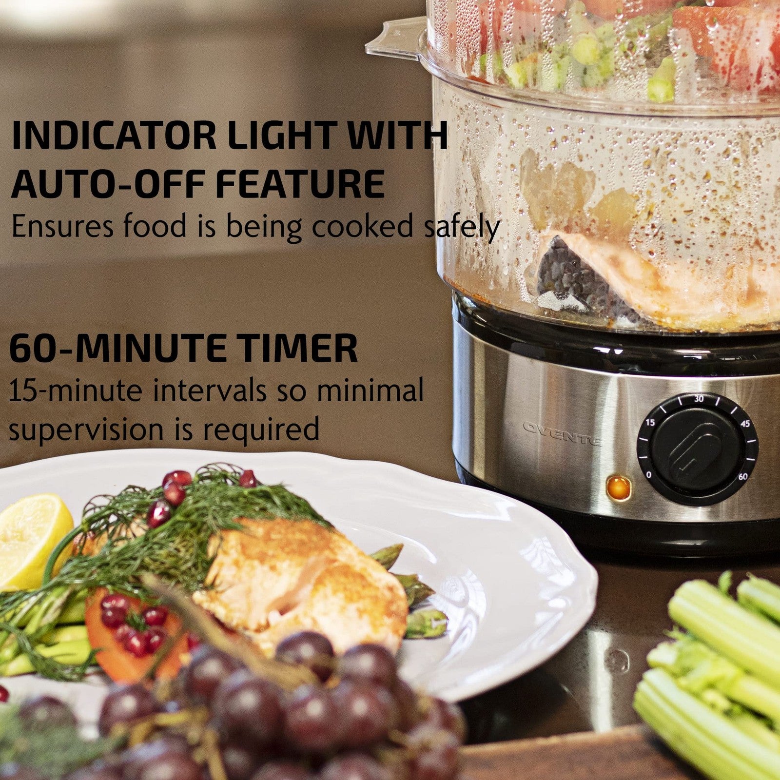 OVENTE 2-Tier Electric Food Steamer 5 Qt Stainless Steel 400W Silver FS62S