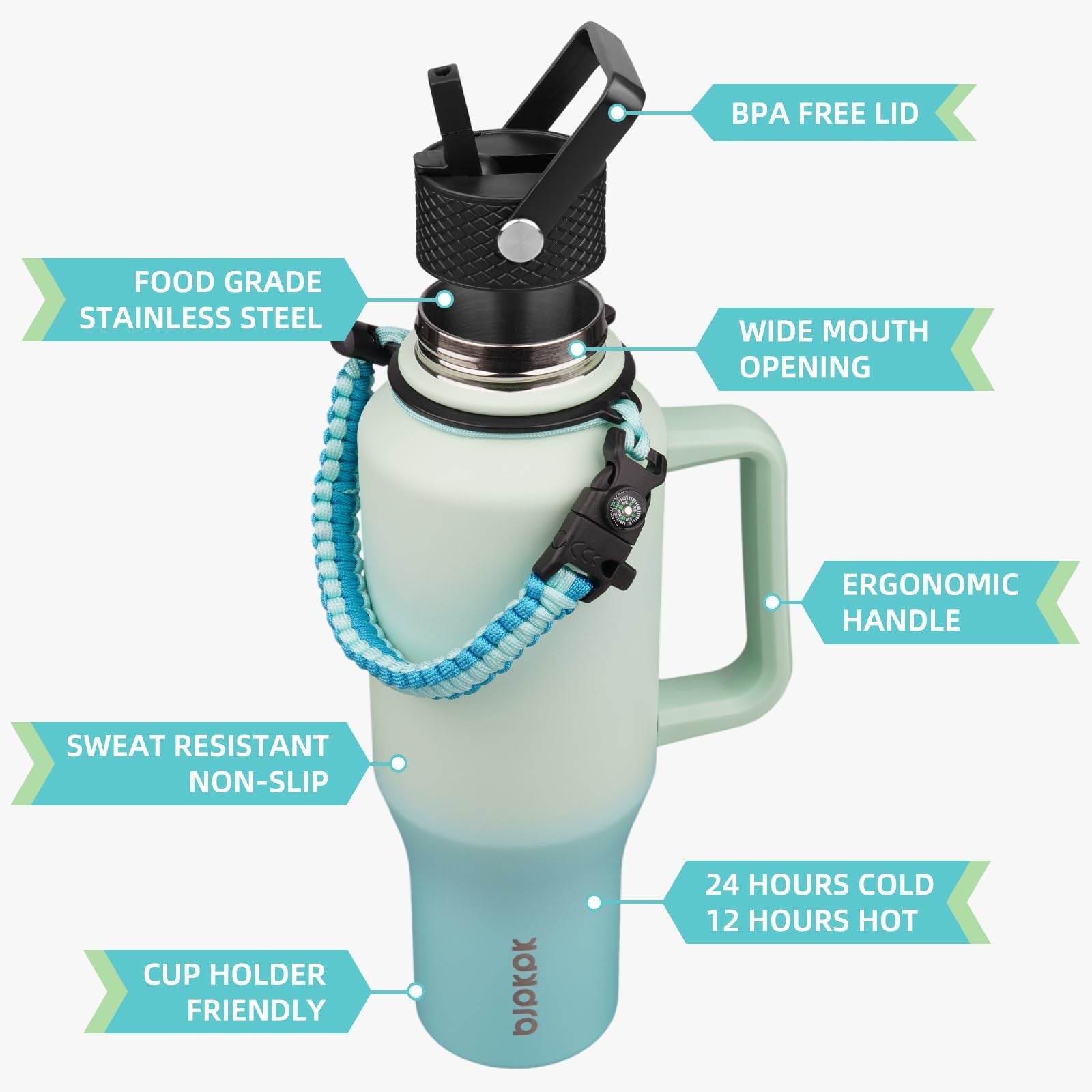 Mint Metal Water Bottle 35oz w/ Straw Lid & Paracord Strap, Insulated