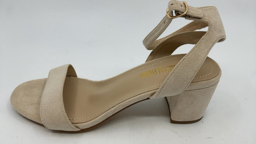 Open Toe Ankle Strap Chunky Heels Sandals, Size 9.5, Nude/Suede