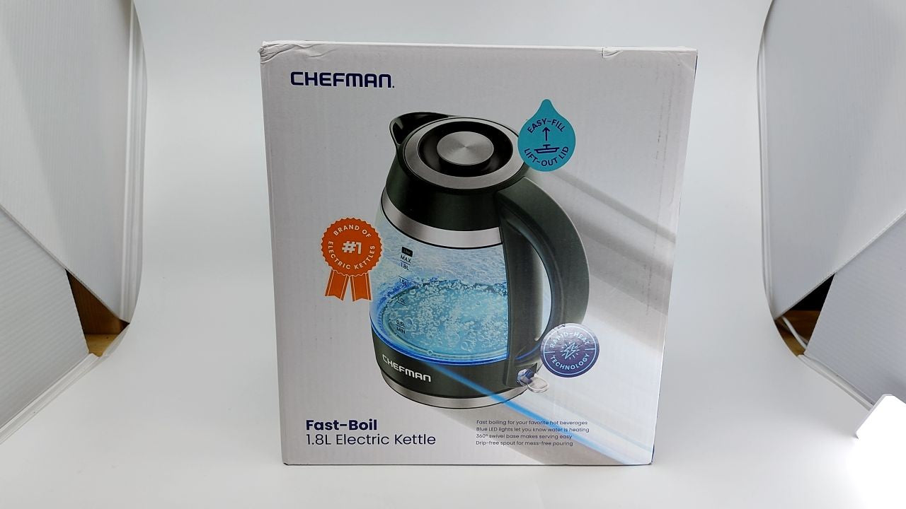 1.8L Chefman Electric Kettle, 1500W, Auto Shut Off, Glass & Steel