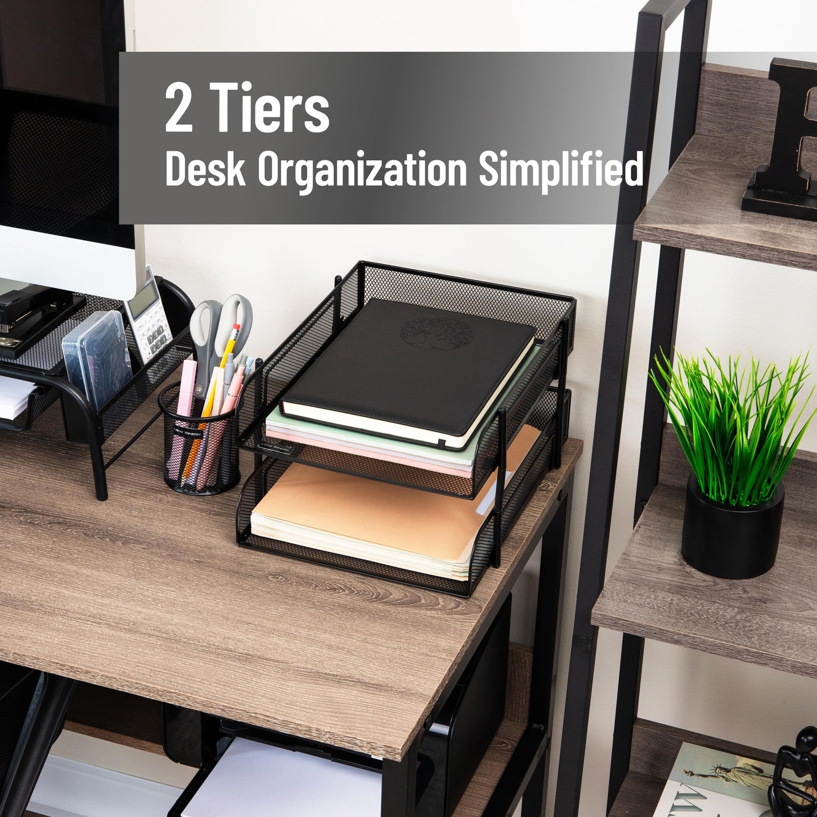 Black 2-Tier Stackable Paper Tray, Metal Mesh Organizer, 10.5x13.25in