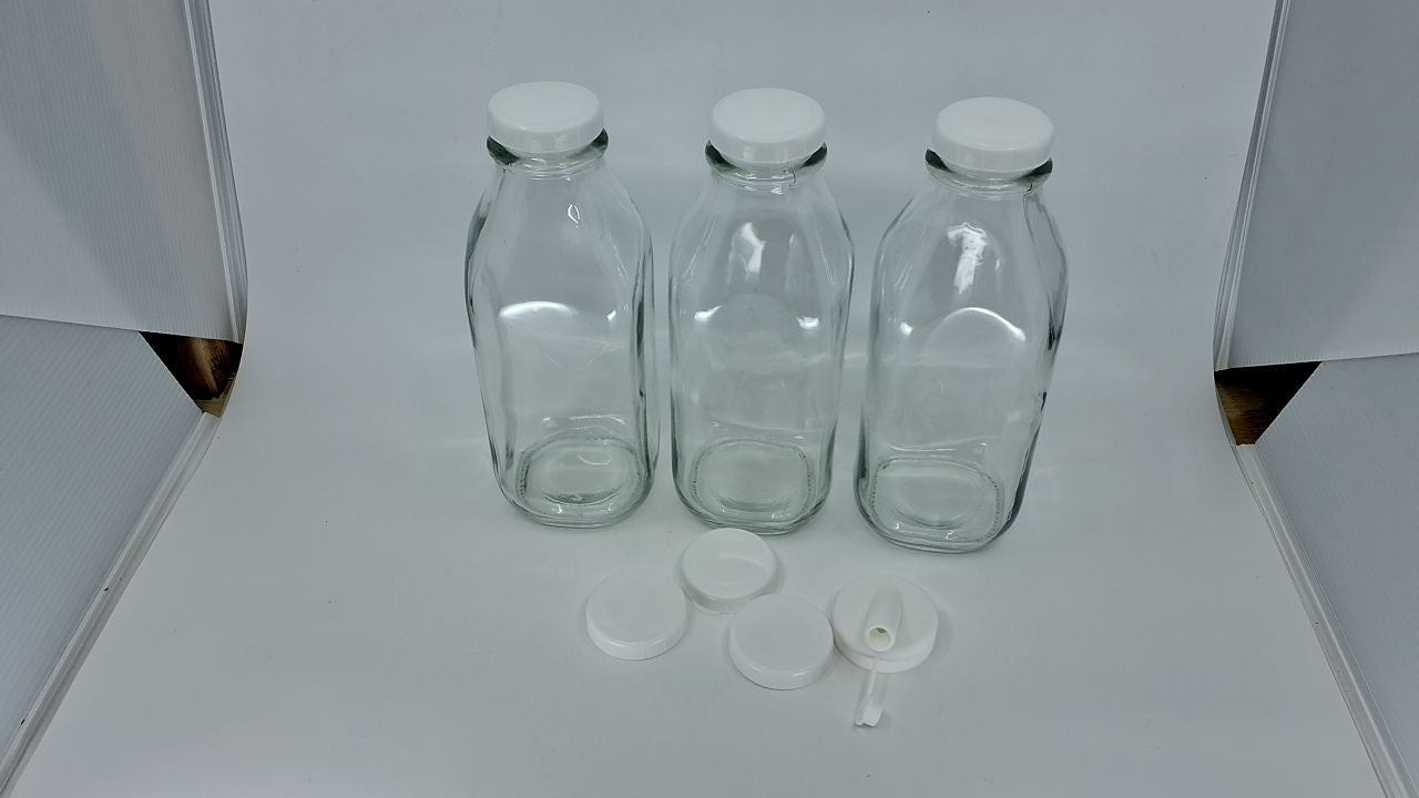 Airtight 32 Oz Glass Milk Bottles – 3 Pack w/ Lids & Pourer, Dishwasher Safe