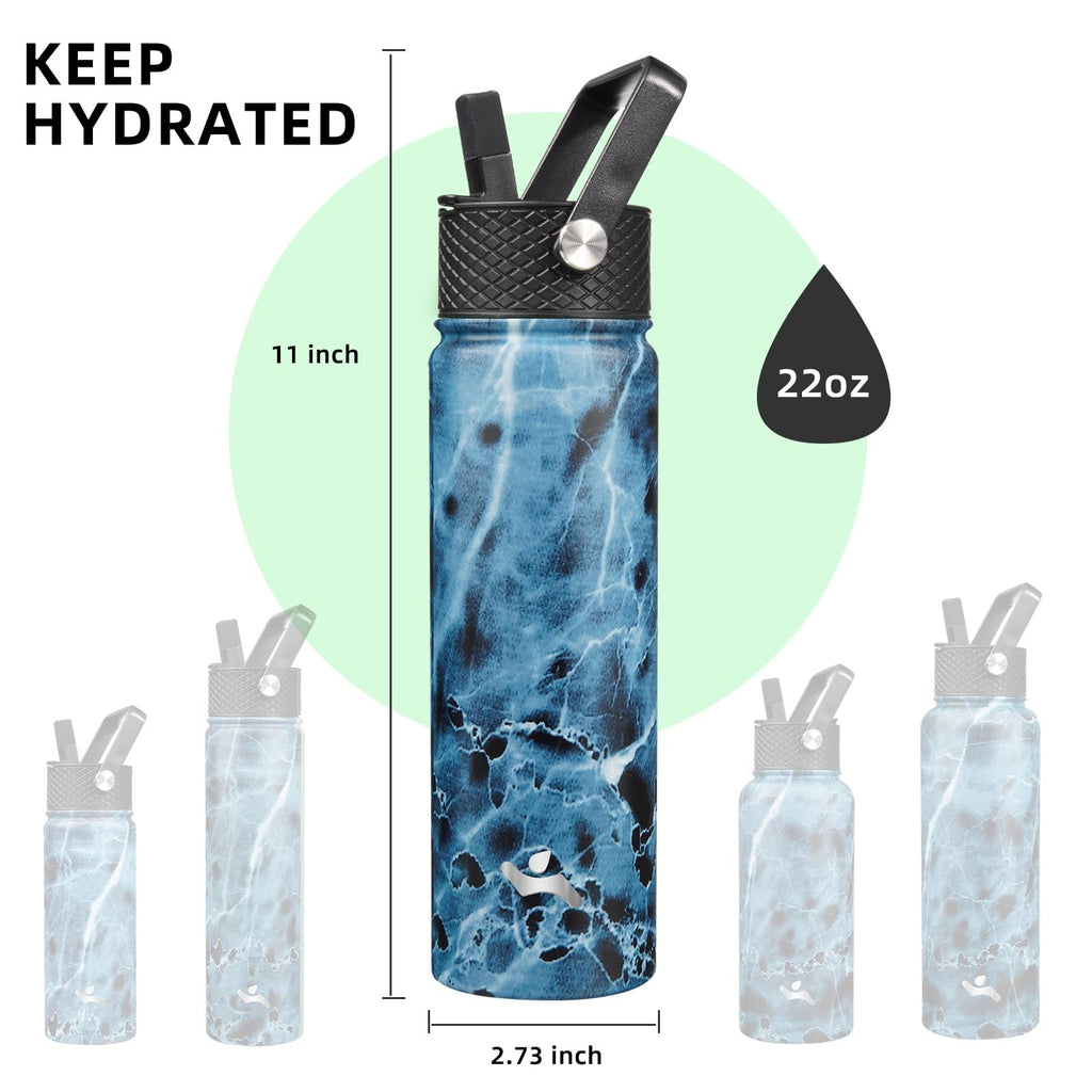 22oz Stainless Steel Insulated Water Bottle w/ 3 Lids, Marble Ocean