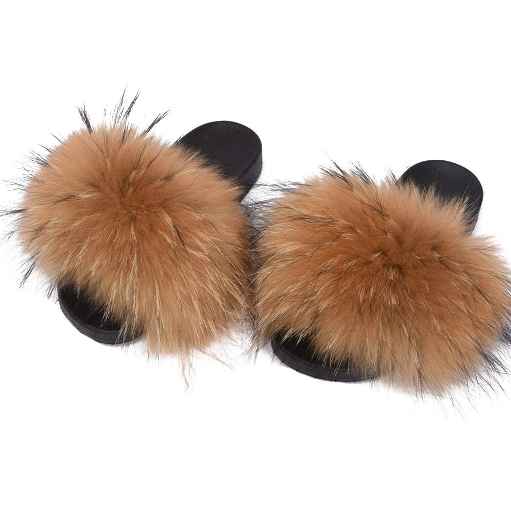 Fluffy Open Toe Slippers for Women Natural Faux Fur Size 9-10