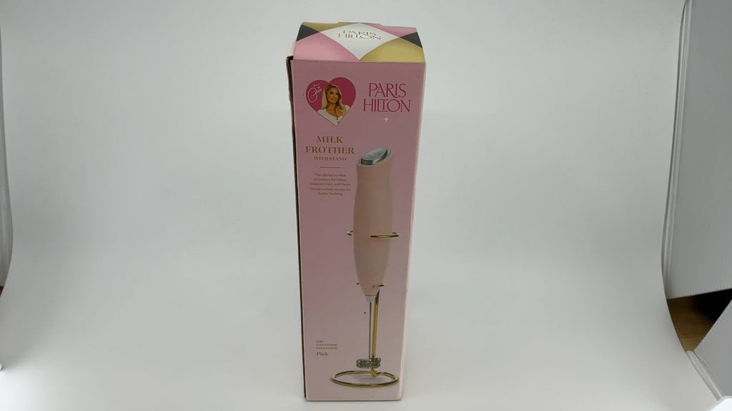 Battery Powered Milk Frother, Pink Handheld w/ Gold Stand & Coil Head