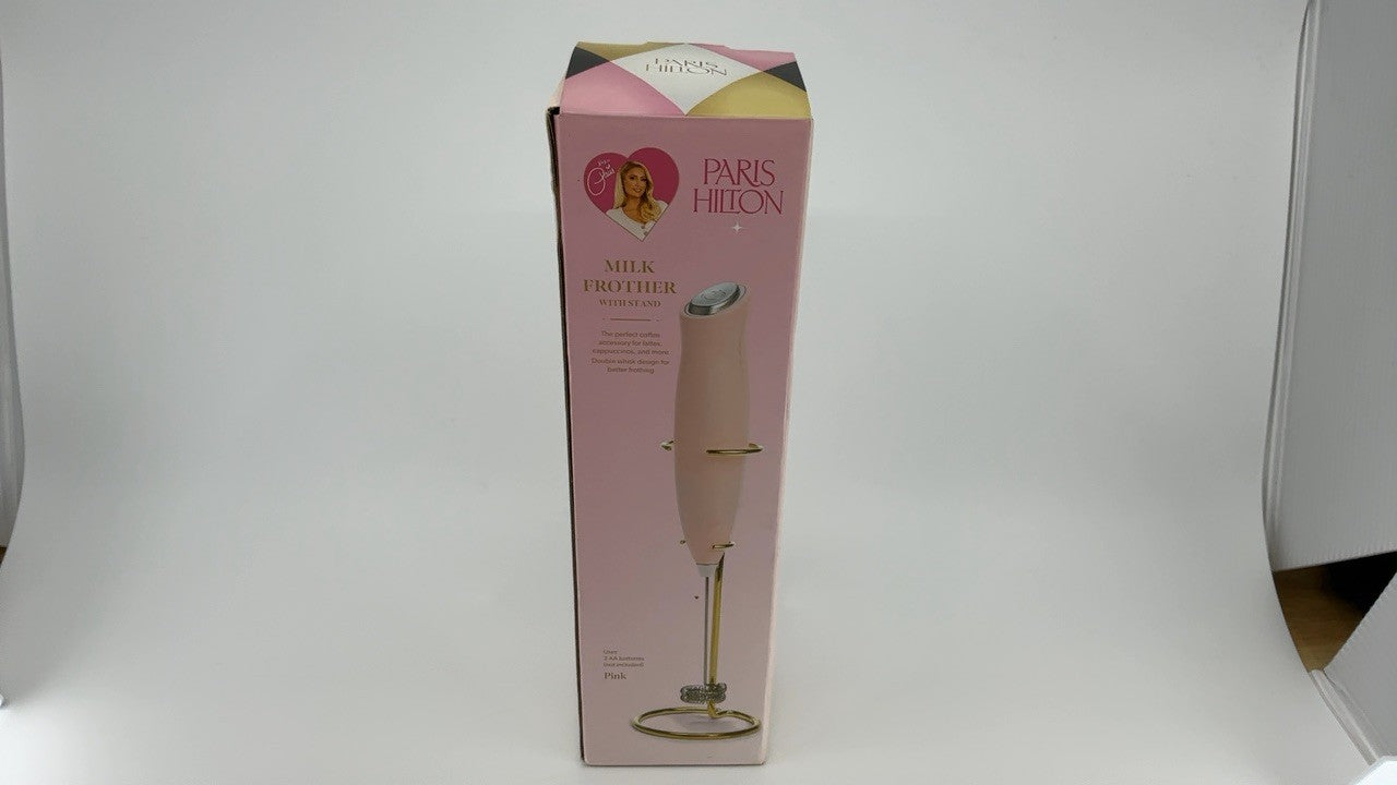 Battery Powered Milk Frother, Pink Handheld w/ Gold Stand & Coil Head