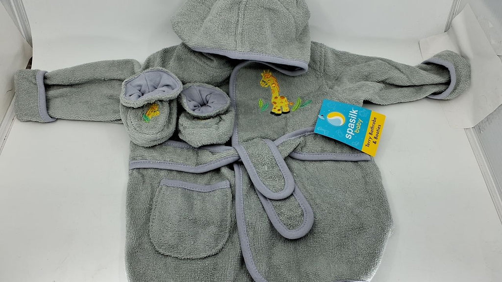 Cotton Hooded Bathrobe & Booties Set, Grey Giraffe, Baby 0-9 Months