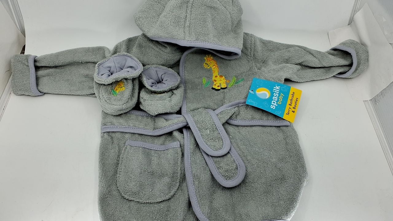 Cotton Hooded Bathrobe & Booties Set, Grey Giraffe, Baby 0-9 Months