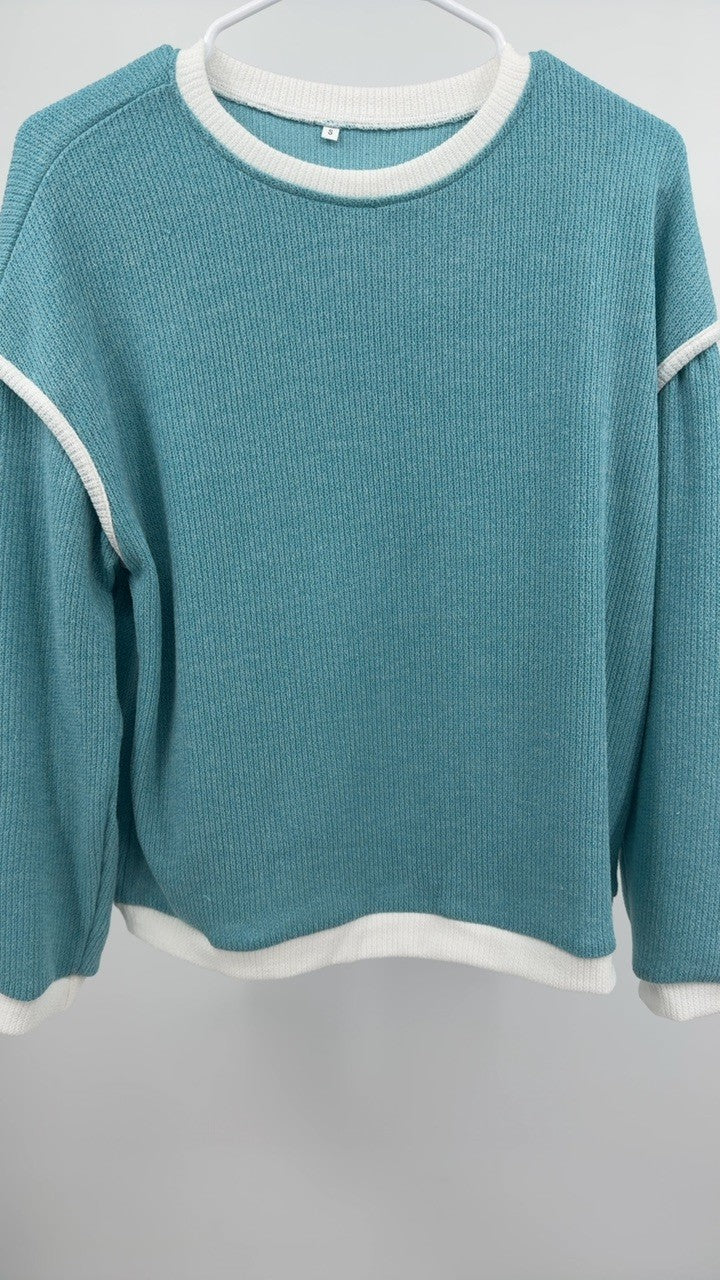 Ribbed Contrast Trim Long Sleeve Top