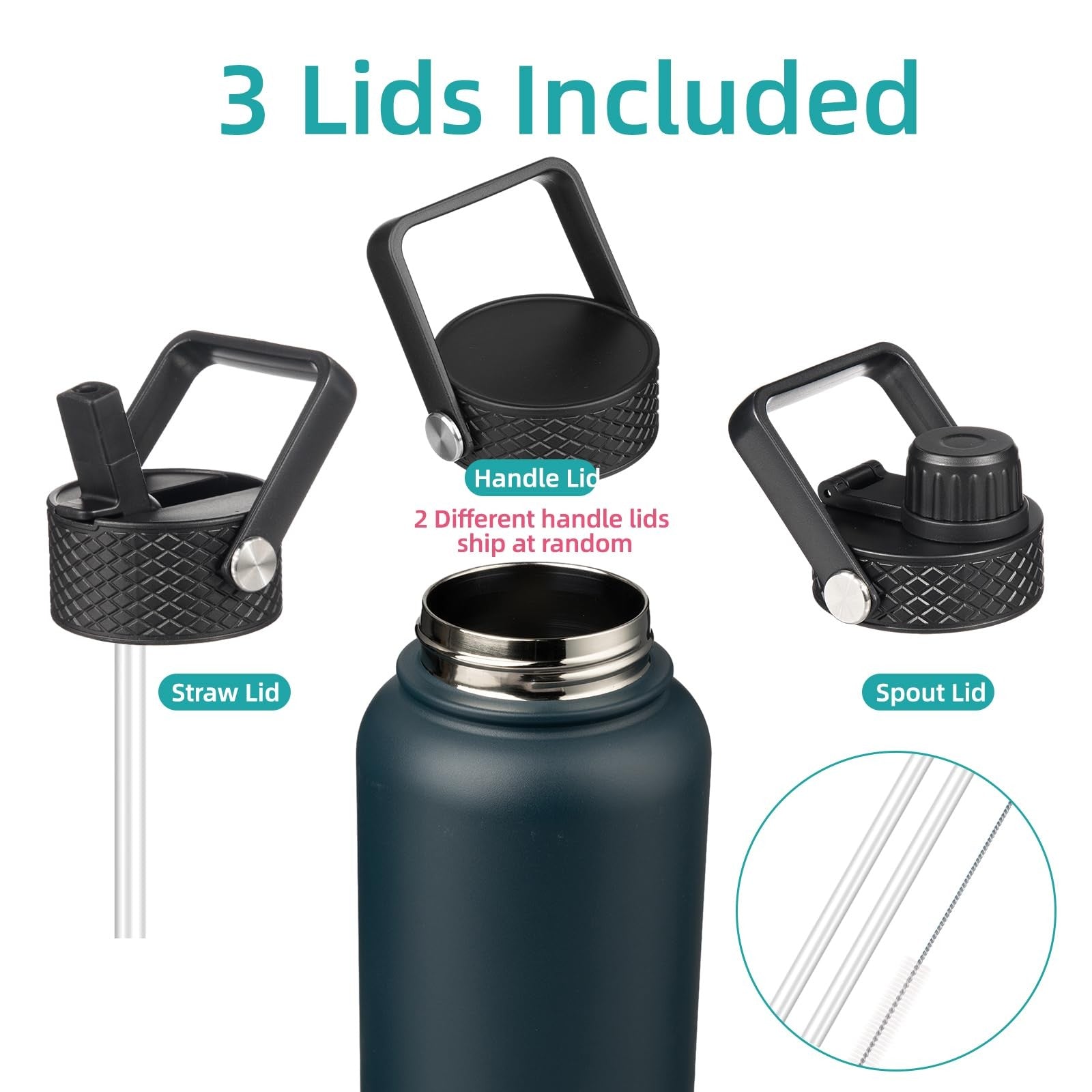 Konokyo 40oz Stainless Steel Insulated Bottle Navy Blue w/ 3 Lids