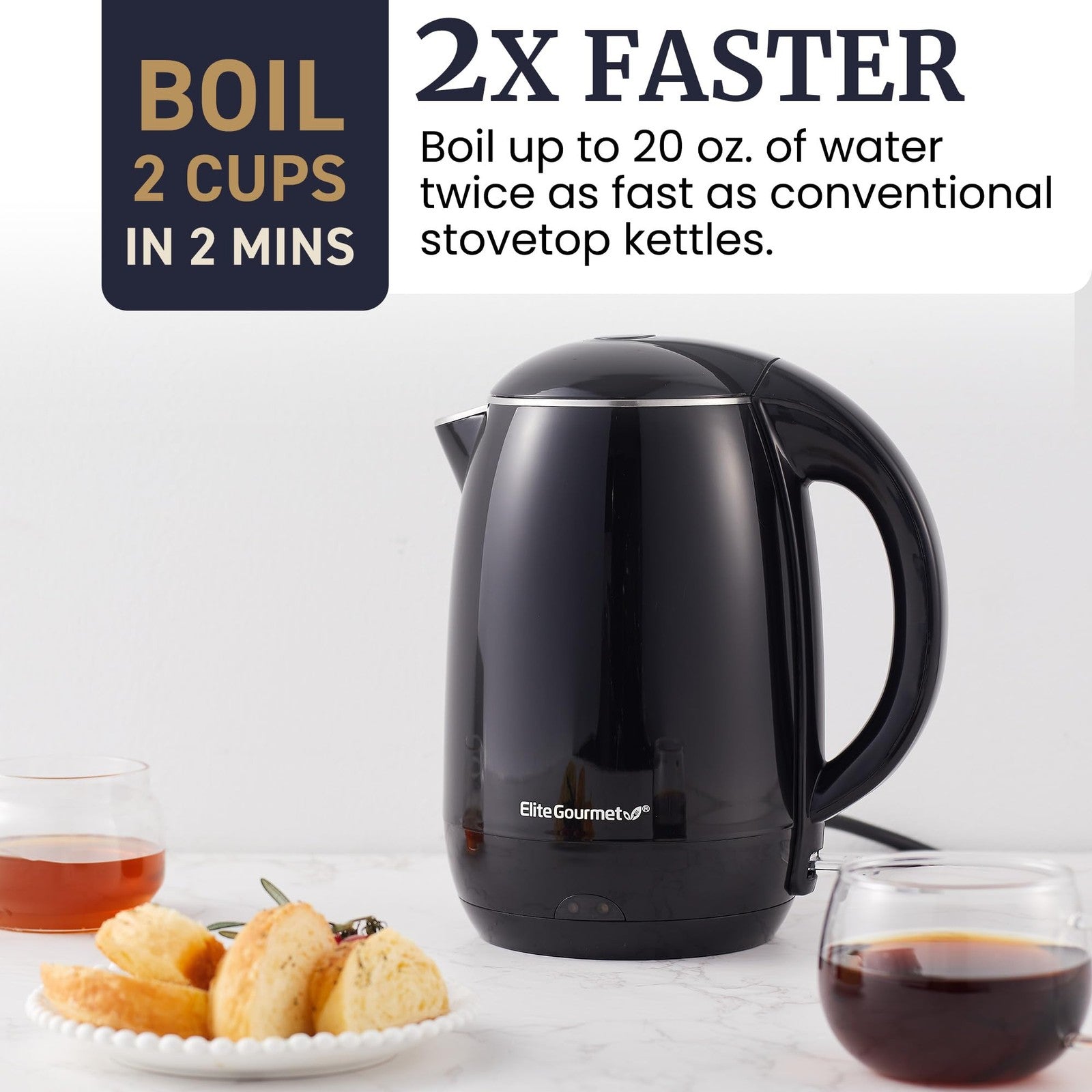 Elite Gourmet 1.8L Cool-Touch Electric Kettle Black, 1500W, Stainless Steel