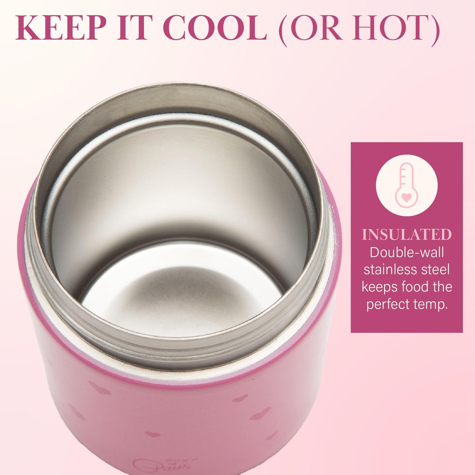 Insulated 12-Ounce Food Jar Pink Hearts, Double Wall Stainless Steel