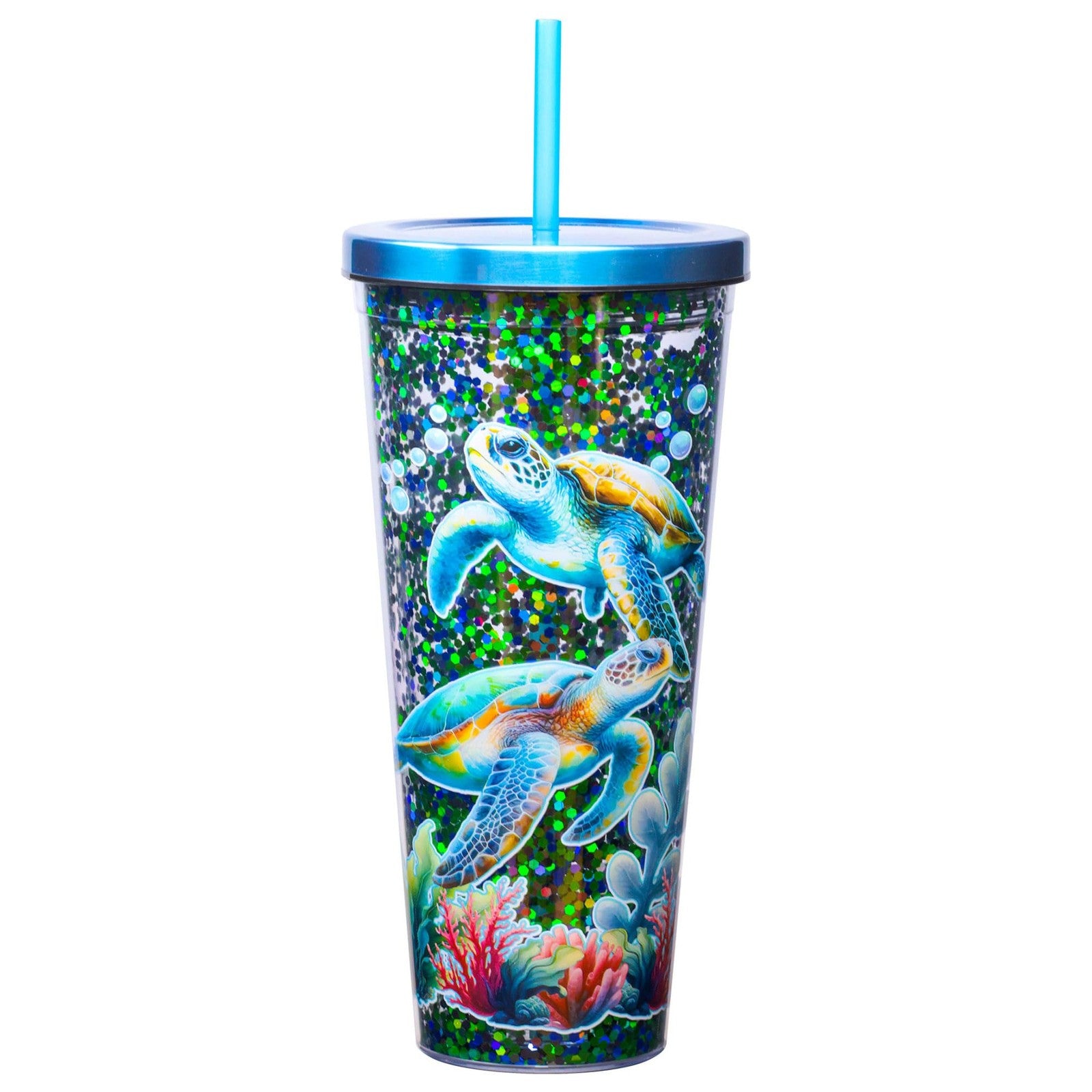 32oz Double Wall Glitter Cup - Sea Turtle Acrylic Tumbler w/ Straw