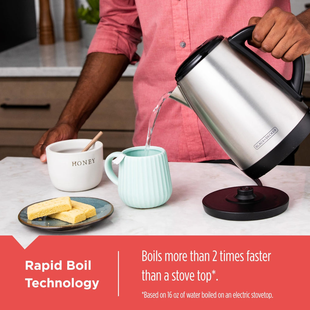 1.7L Cordless Electric Kettle, Rapid Boil, Auto Shutoff, Stainless Steel