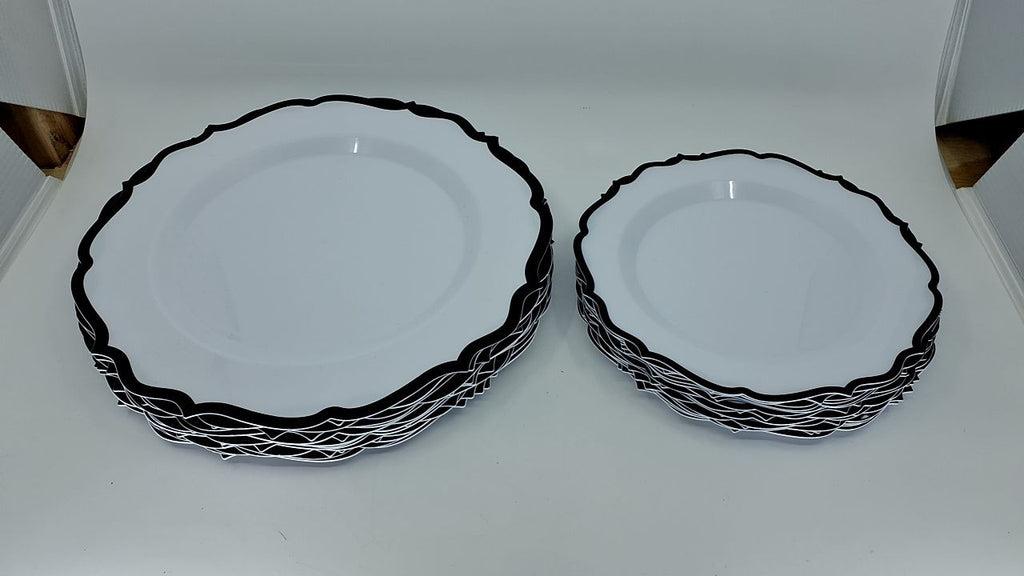 Contemporary Combo Plates Set - 32 White Plates w/ Black Rim 7.5" - 10.5"