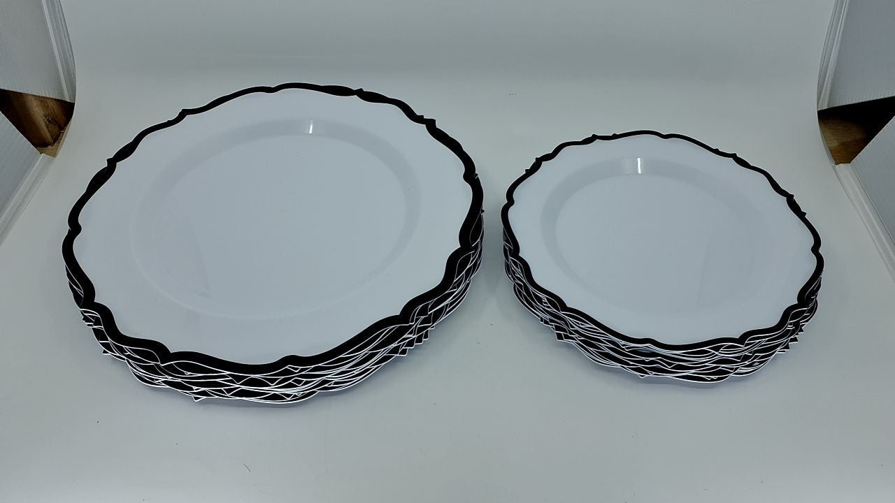 Contemporary Combo Plates Set - 32 White Plates w/ Black Rim 7.5" - 10.5"