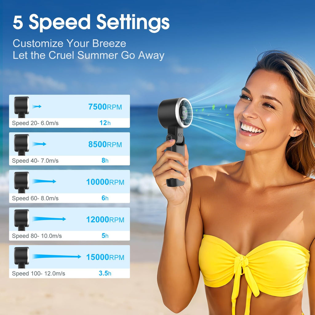WHATOOK Mini Portable Fan 4000mAh Rechargeable 5 Speeds Black