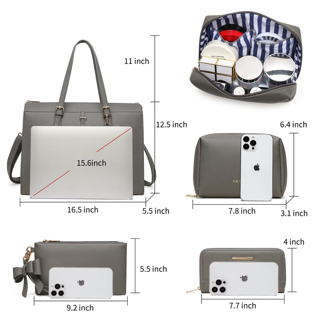 Women’s Gray Leather Laptop Bag, Large Tote w/ USB Port, 4pcs Set