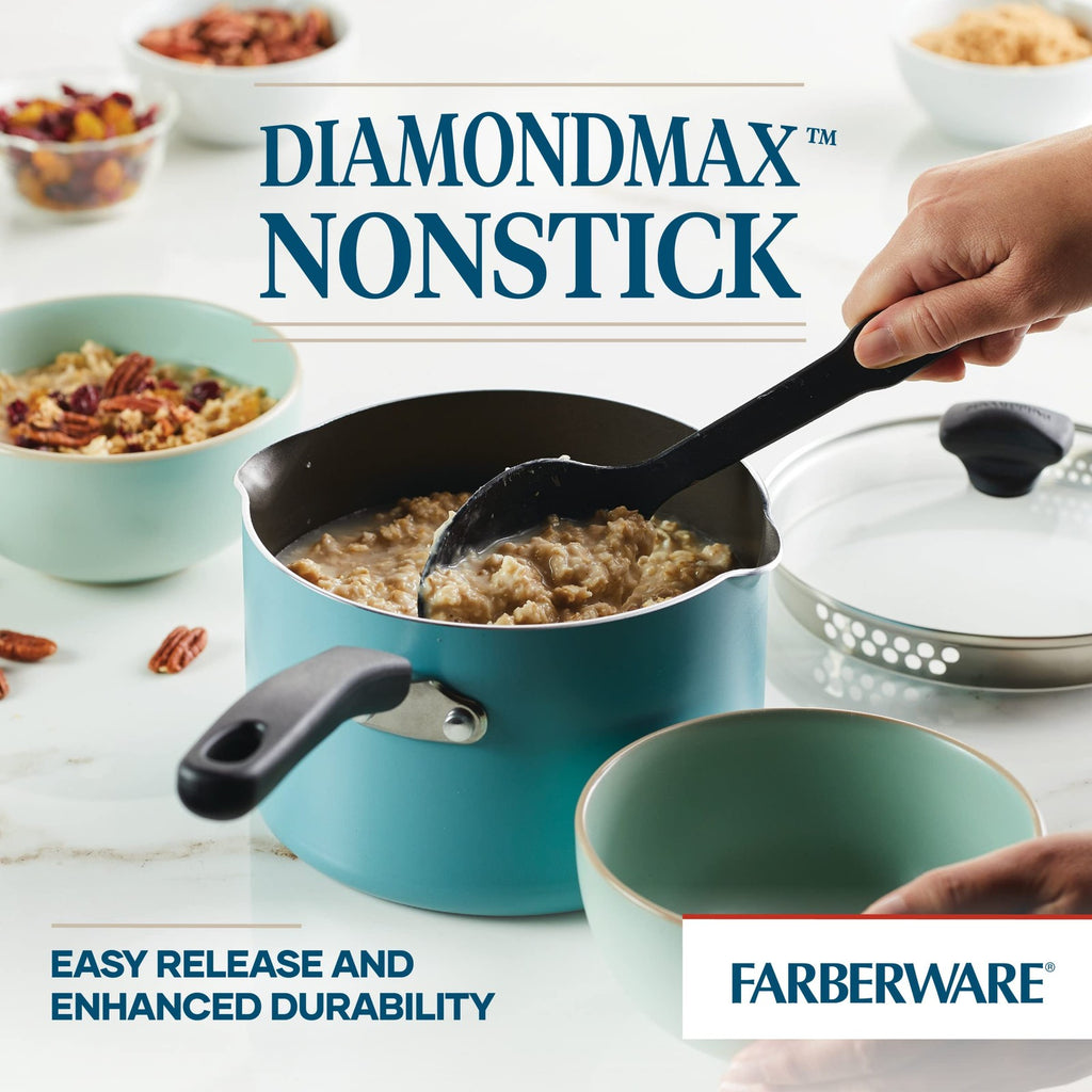 Farberware DiamondMax 3Qt Saucepan w/ Strainer Lid, Aqua, Dishwasher Safe