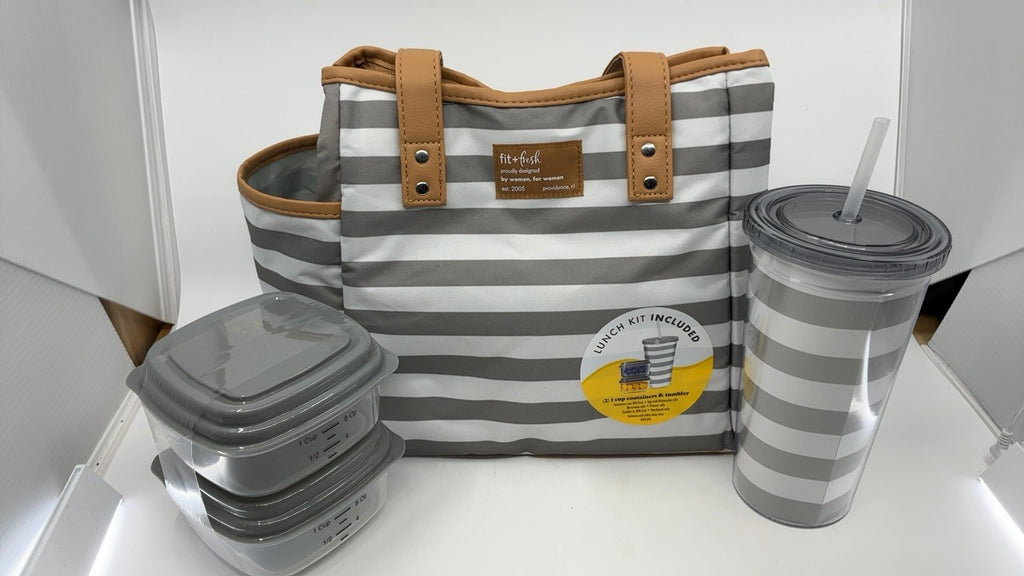 Westerly Insulated Lunch Bag Kit w/ 2 Containers & Tumbler - Gray Stripes