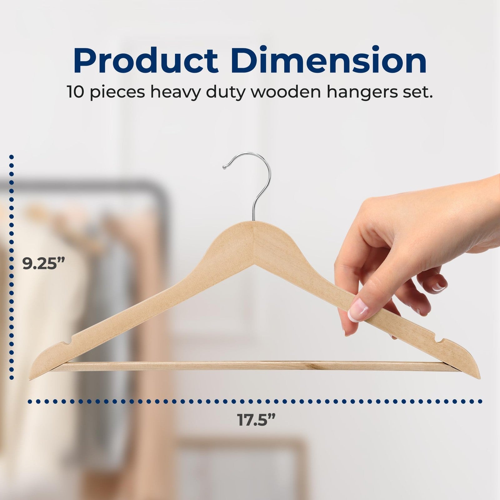 Natural Wood Coat Hangers, 10-Pack, 360° Swivel Hook, Space Saving
