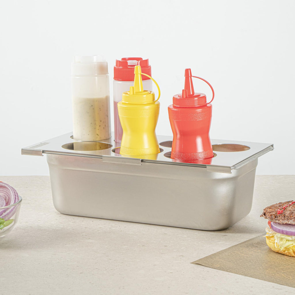 Condiment Squeeze Bottle Holder Top, 7 Holes, Stainless Steel, 1 Count