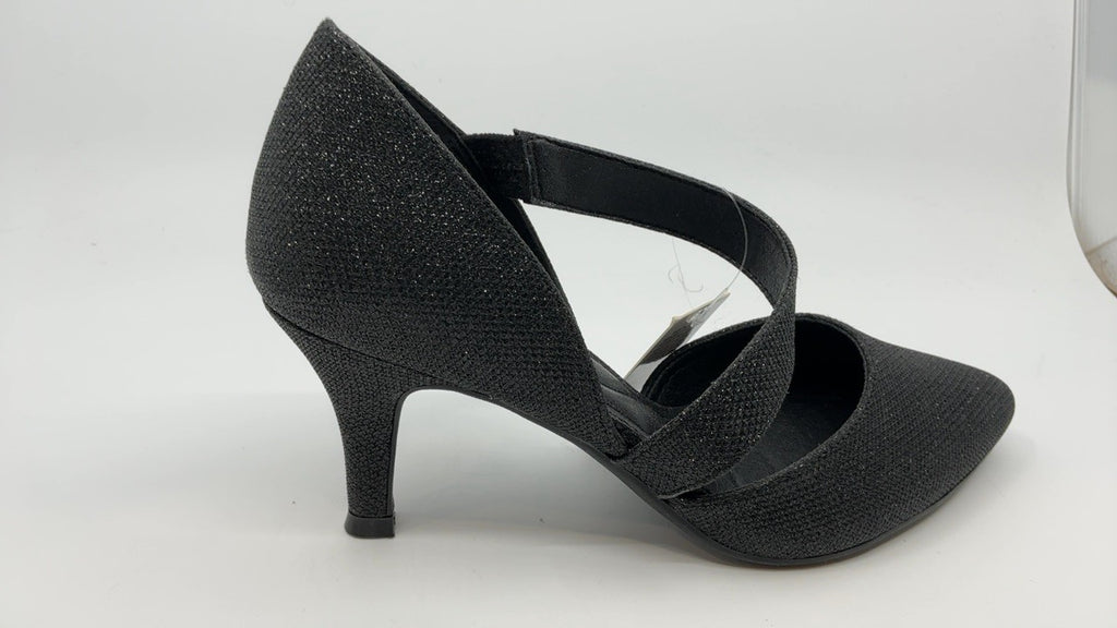 Size 7 Black Glitter Ankle Strap Kitten Heels, Pointed Toe