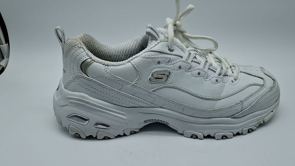 Skechers Sport Women's D'Lites Memory Foam Lace-up Sneaker,White Silver,8 W US