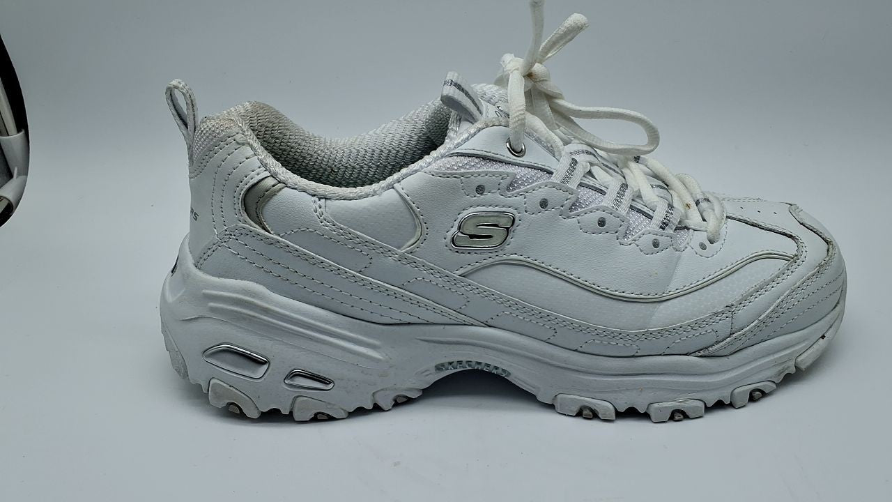 Skechers Sport Women's D'Lites Memory Foam Lace-up Sneaker,White Silver,8 W US